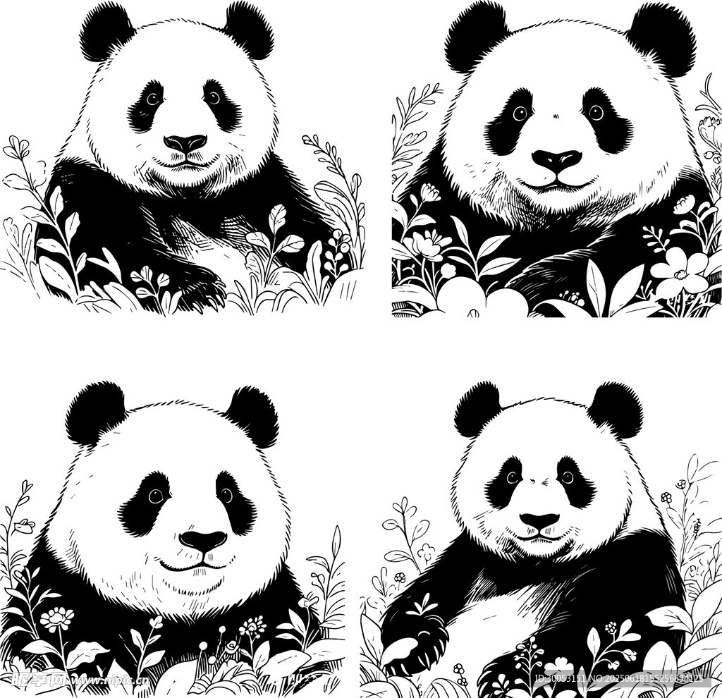 四张熊猫黑白插画