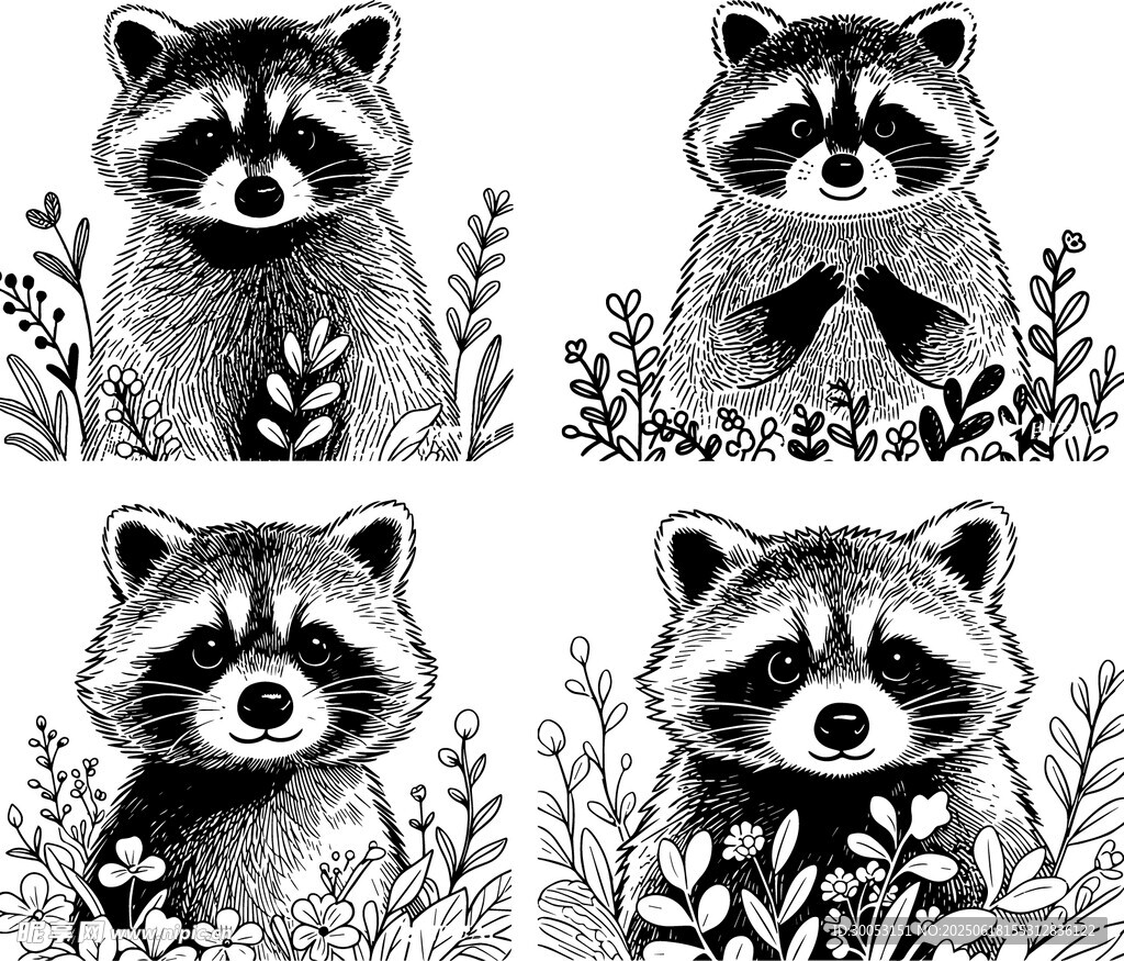 可爱小浣熊矢量线描插画