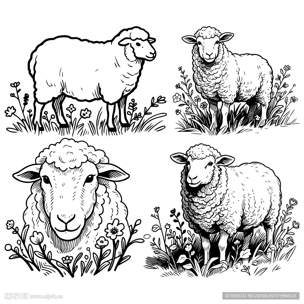 四幅手绘绵羊图案