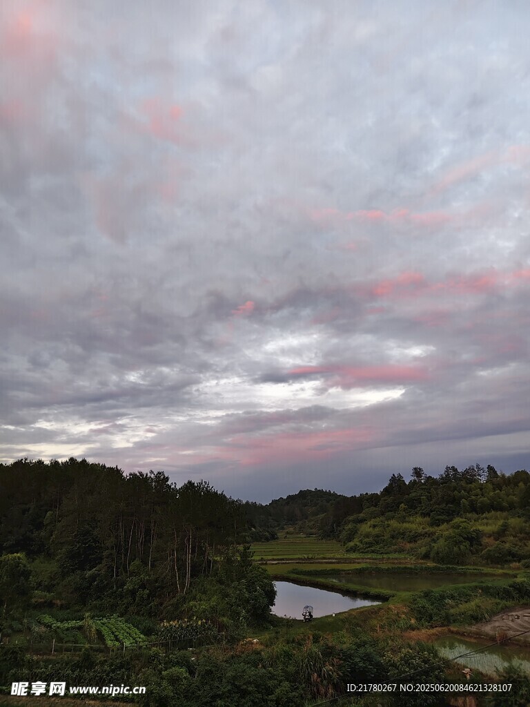 黄昏下的田野与水塘景色