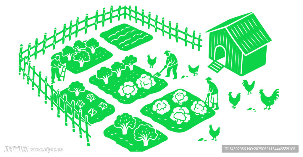 矢量插画绿色菜园小屋插画场景
