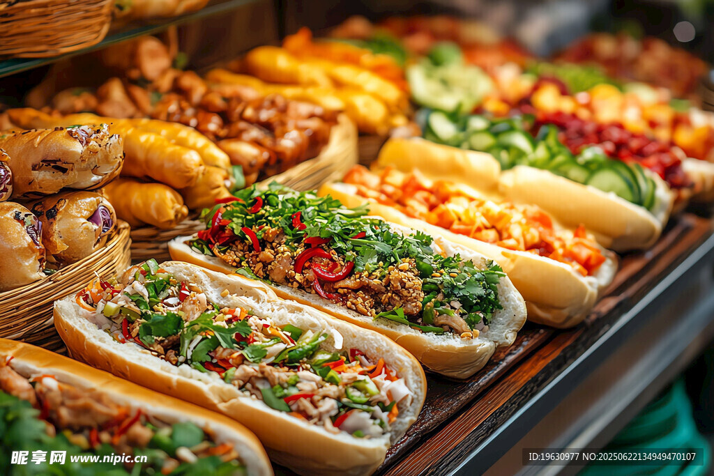 多样美味热狗整齐陈列