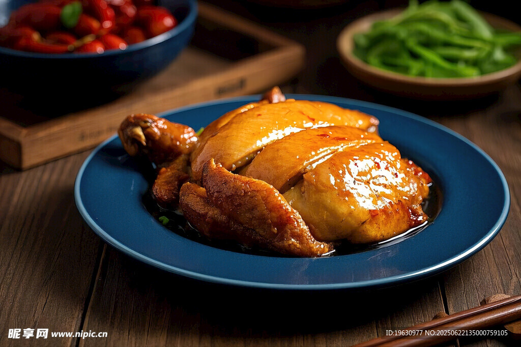 美味卤鸡摆放在蓝色盘中