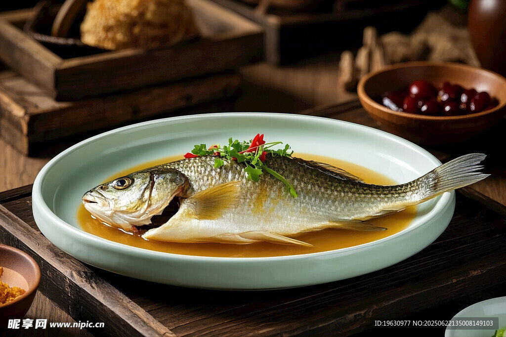 清蒸鲜鱼摆于古朴盘中