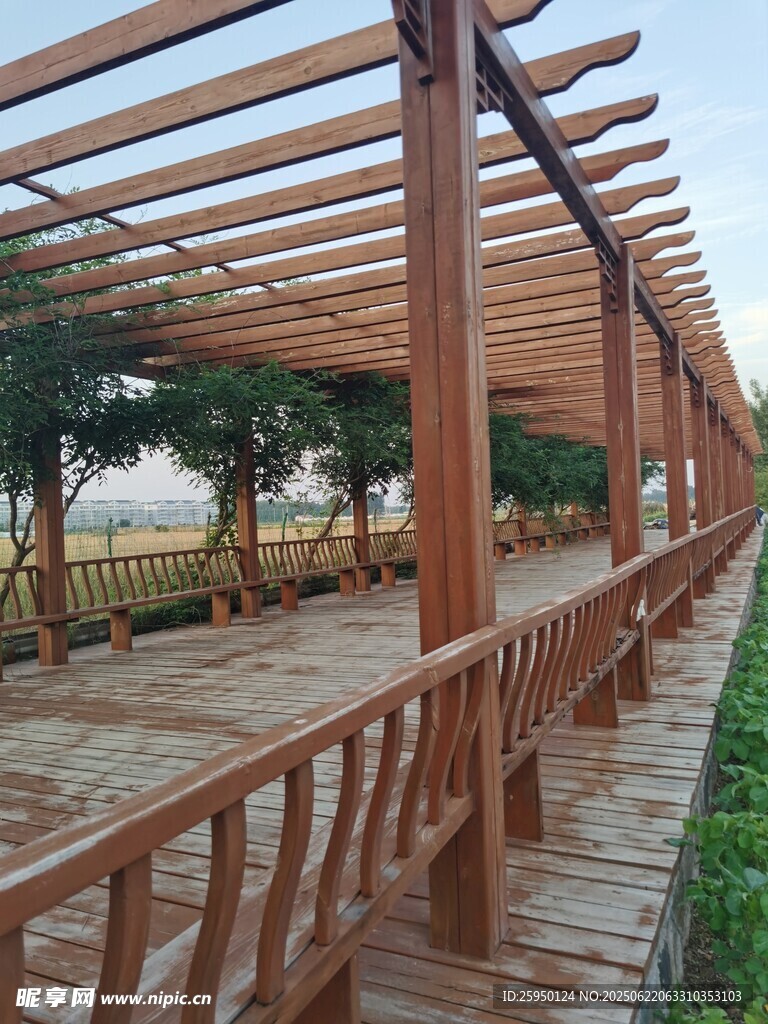 木质廊架下的休闲步道