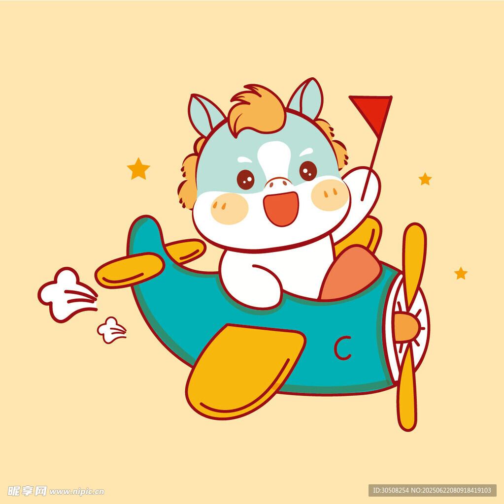 卡通小马驾驶飞机欢乐飞行