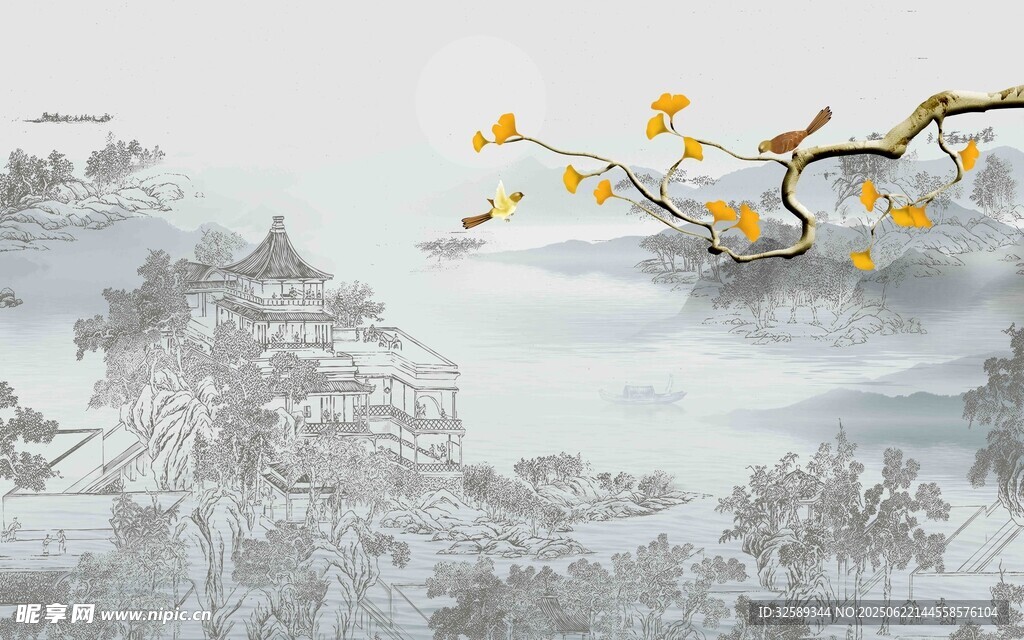 水墨梅花古建筑风景图
