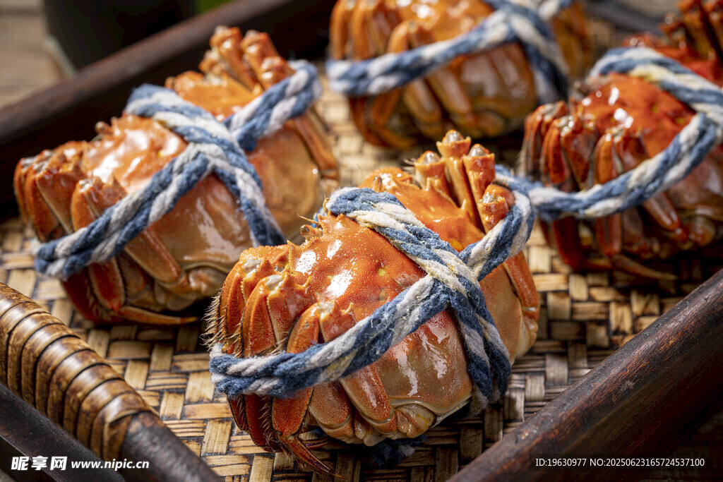 竹篮中的绑绳大闸蟹