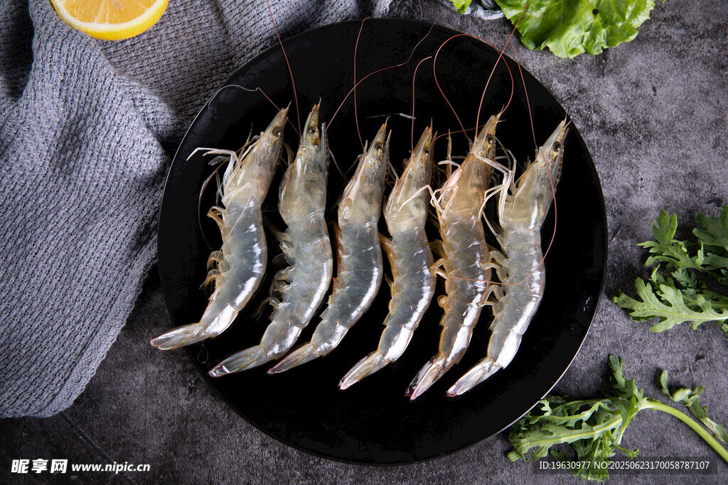 新鲜海虾摆放在黑色盘上