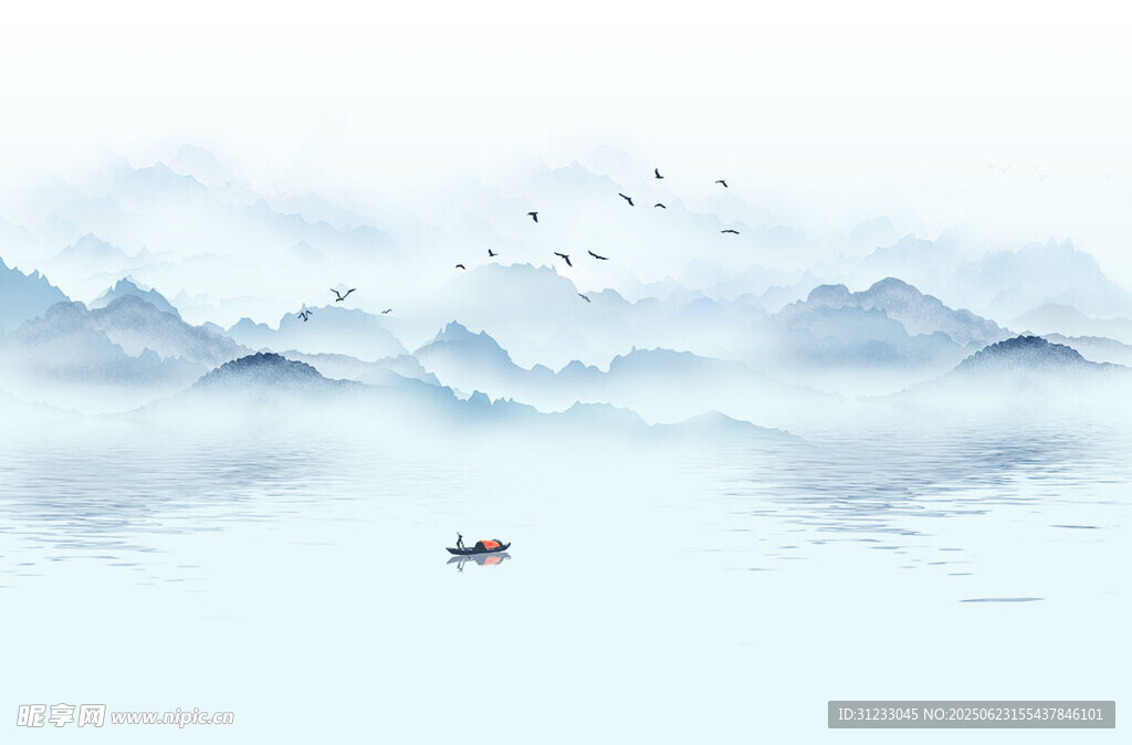 新中式 蓝色山水画 背景墙