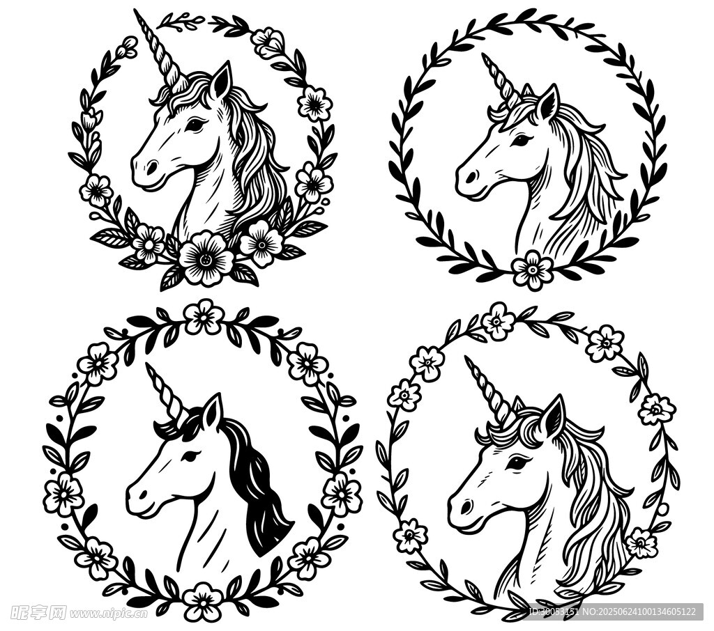 独角兽花环图案设计素材