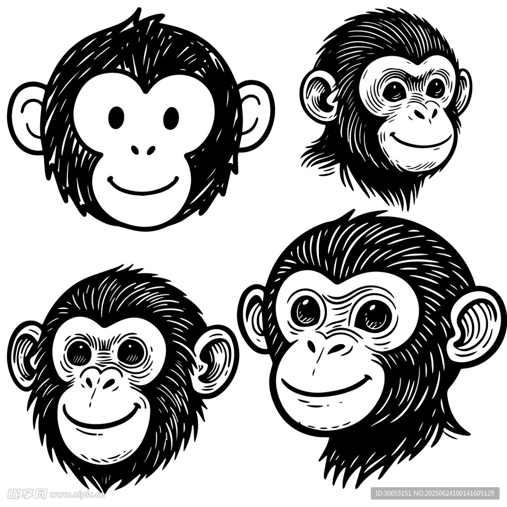 四只猴子头像插画