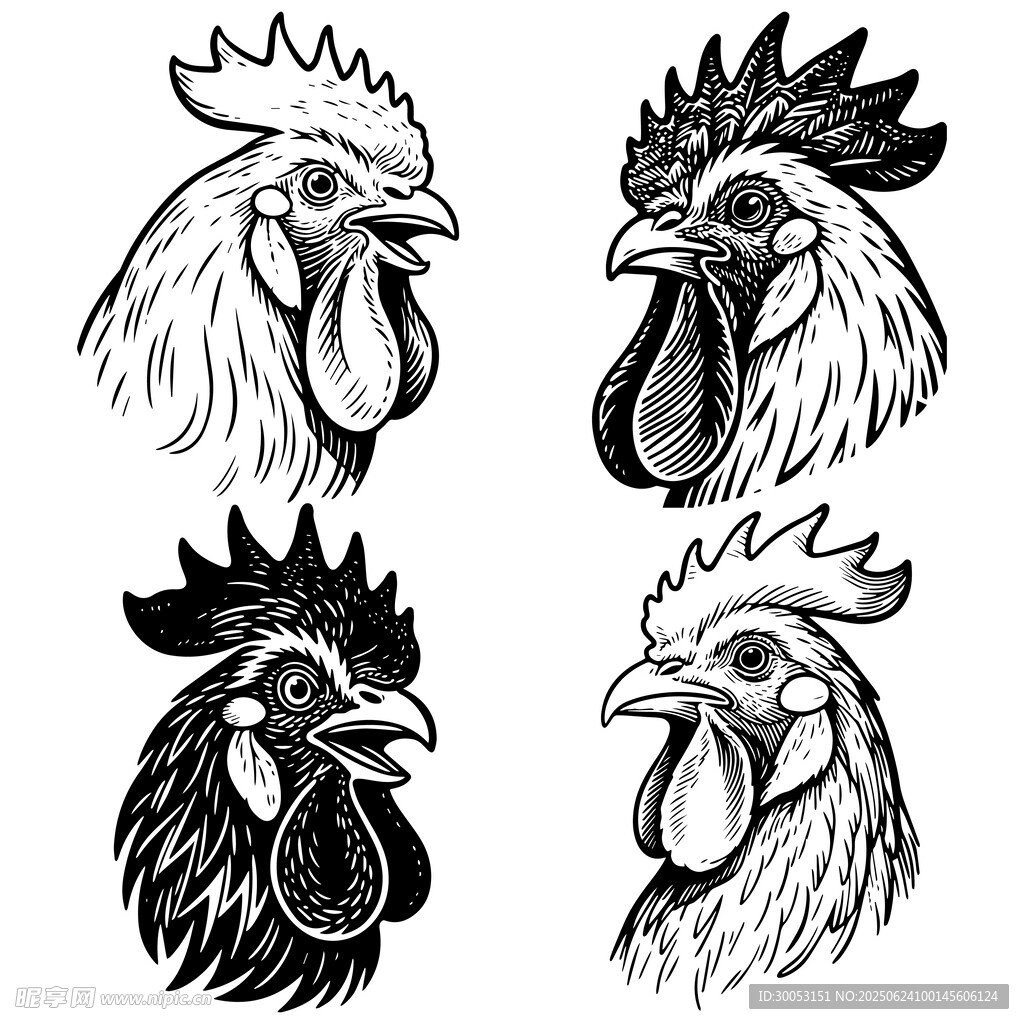 四只公鸡头部黑白插画