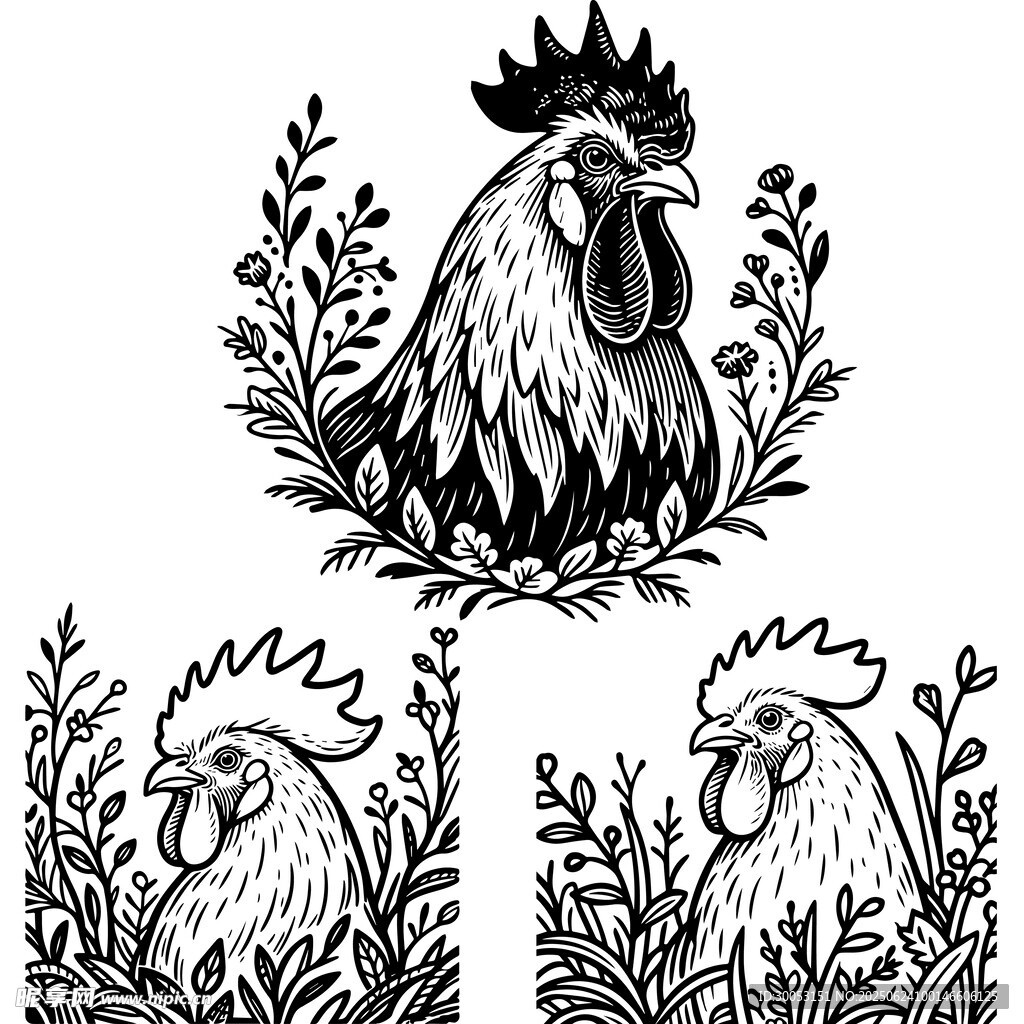 公鸡花卉装饰图案设计