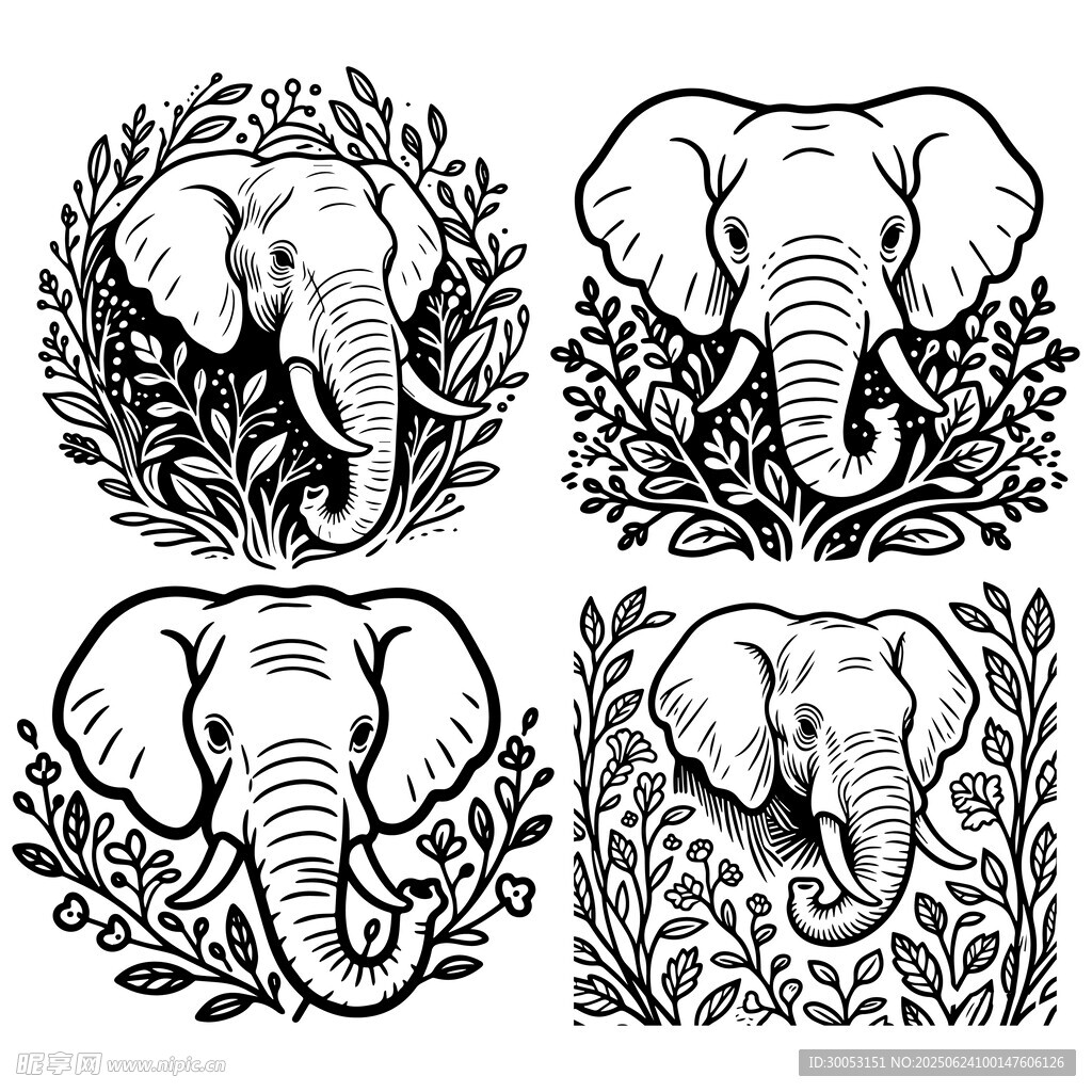 四幅大象黑白插画图案