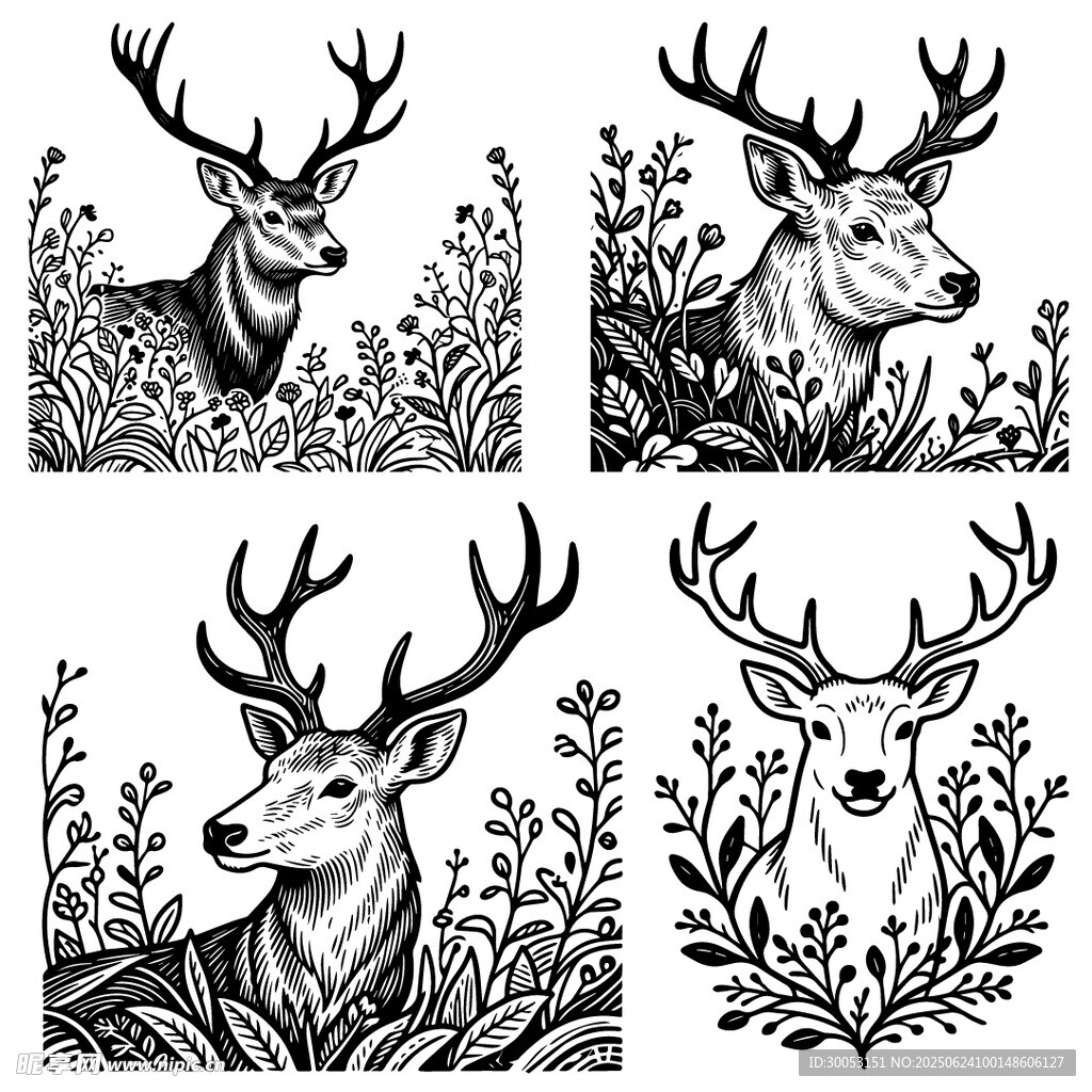 四幅鹿与植物装饰插画