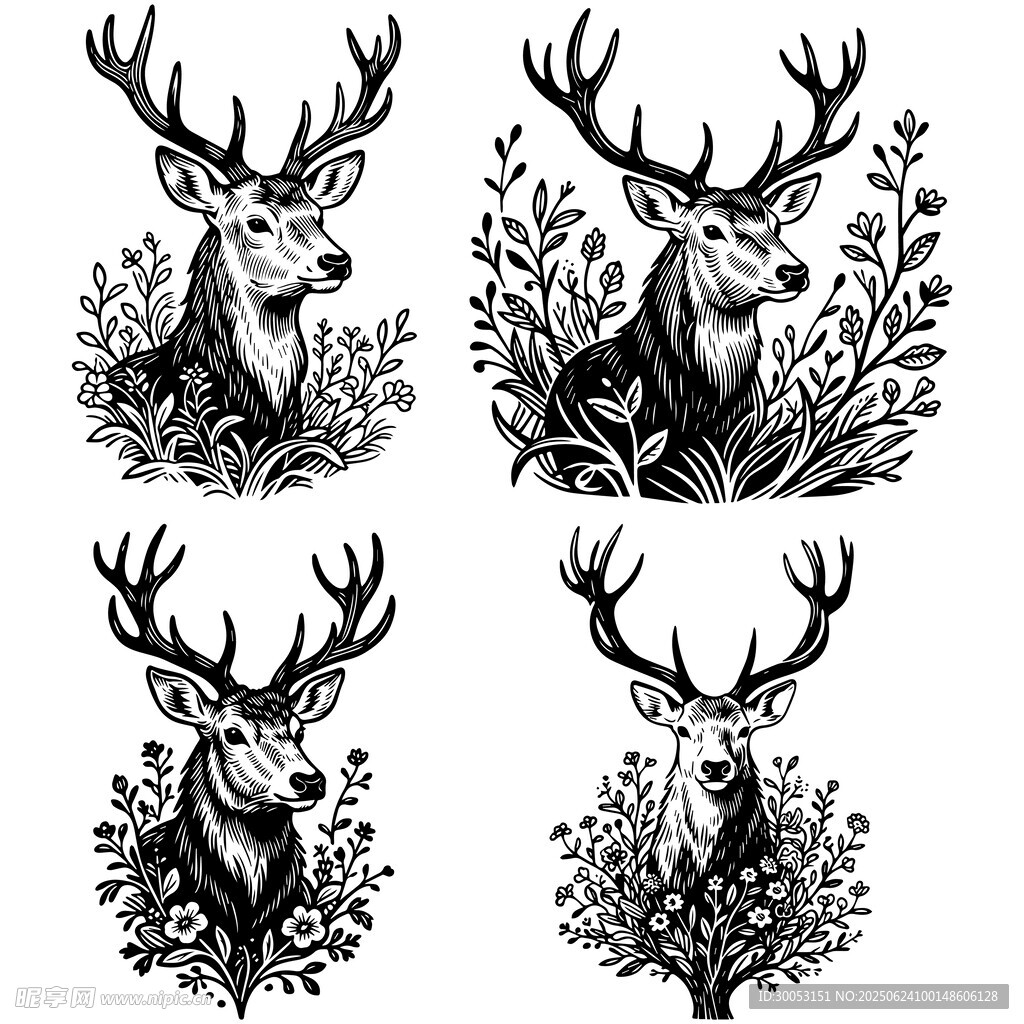 四幅鹿头黑白插画图案