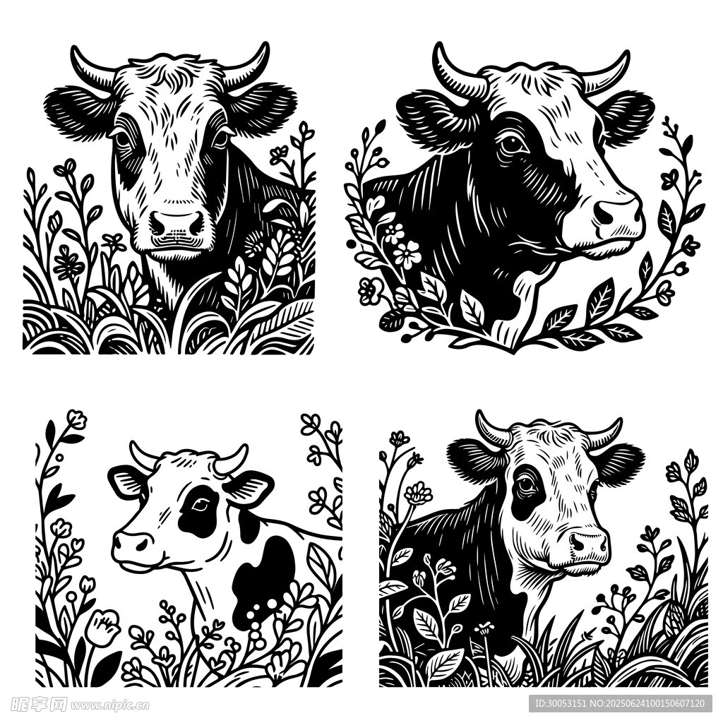 四幅黑白奶牛插画图案