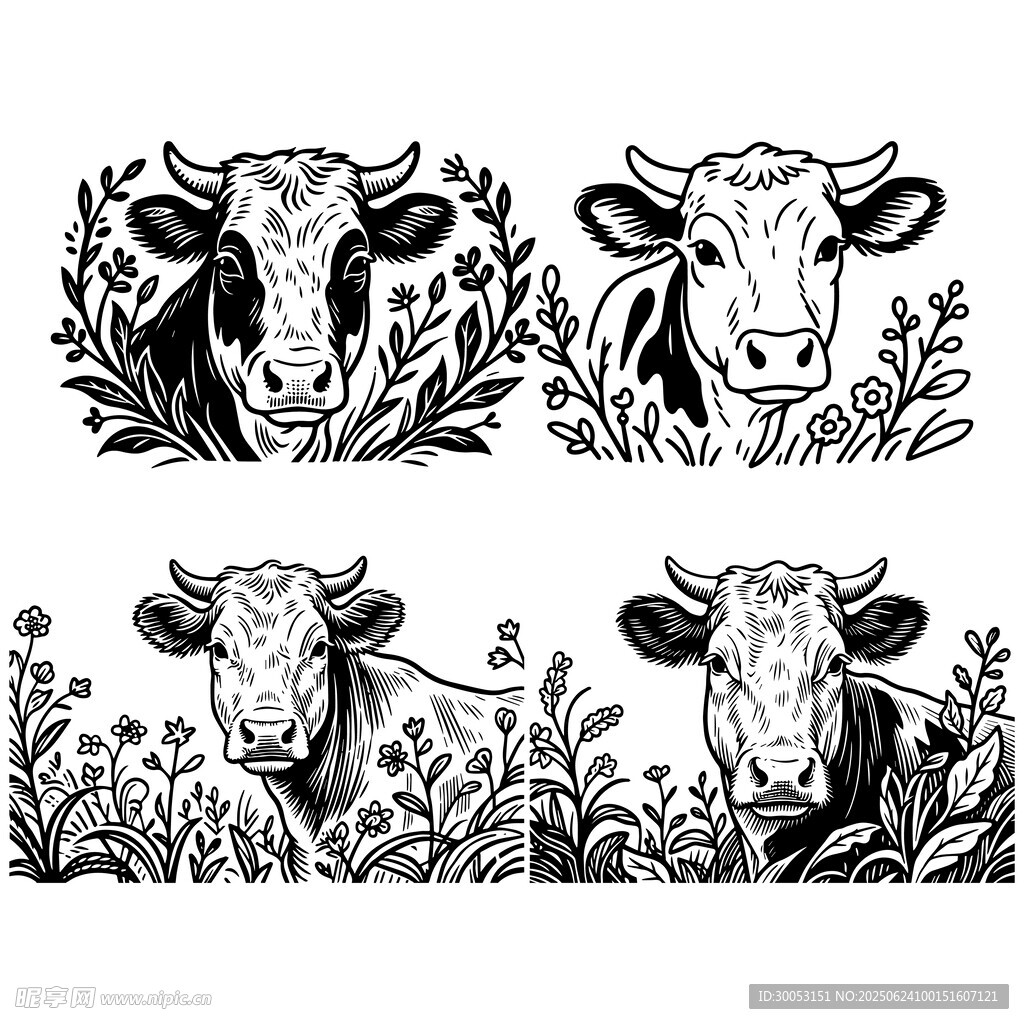 四幅牛的黑白插画图案