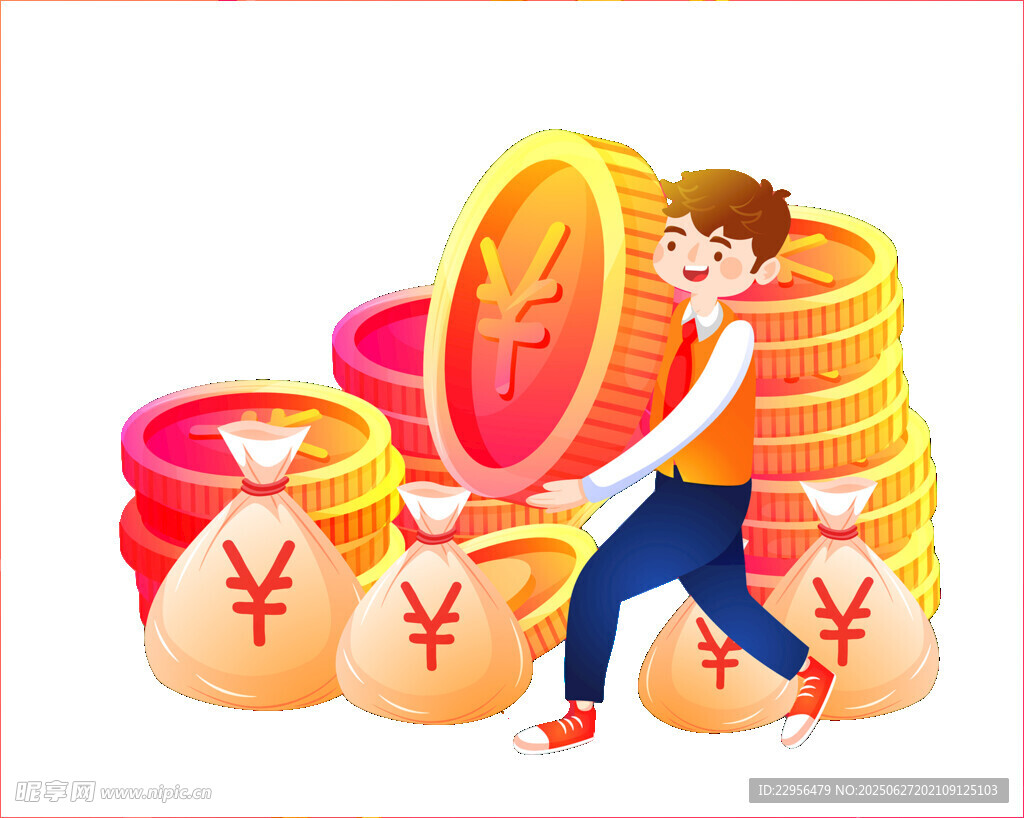 男孩搬金币与钱袋