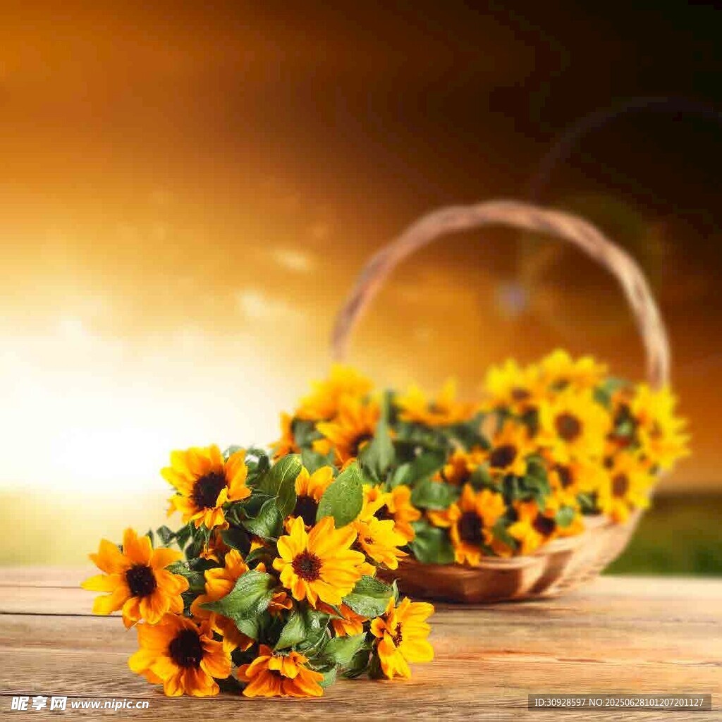 木桌上的向日葵花篮