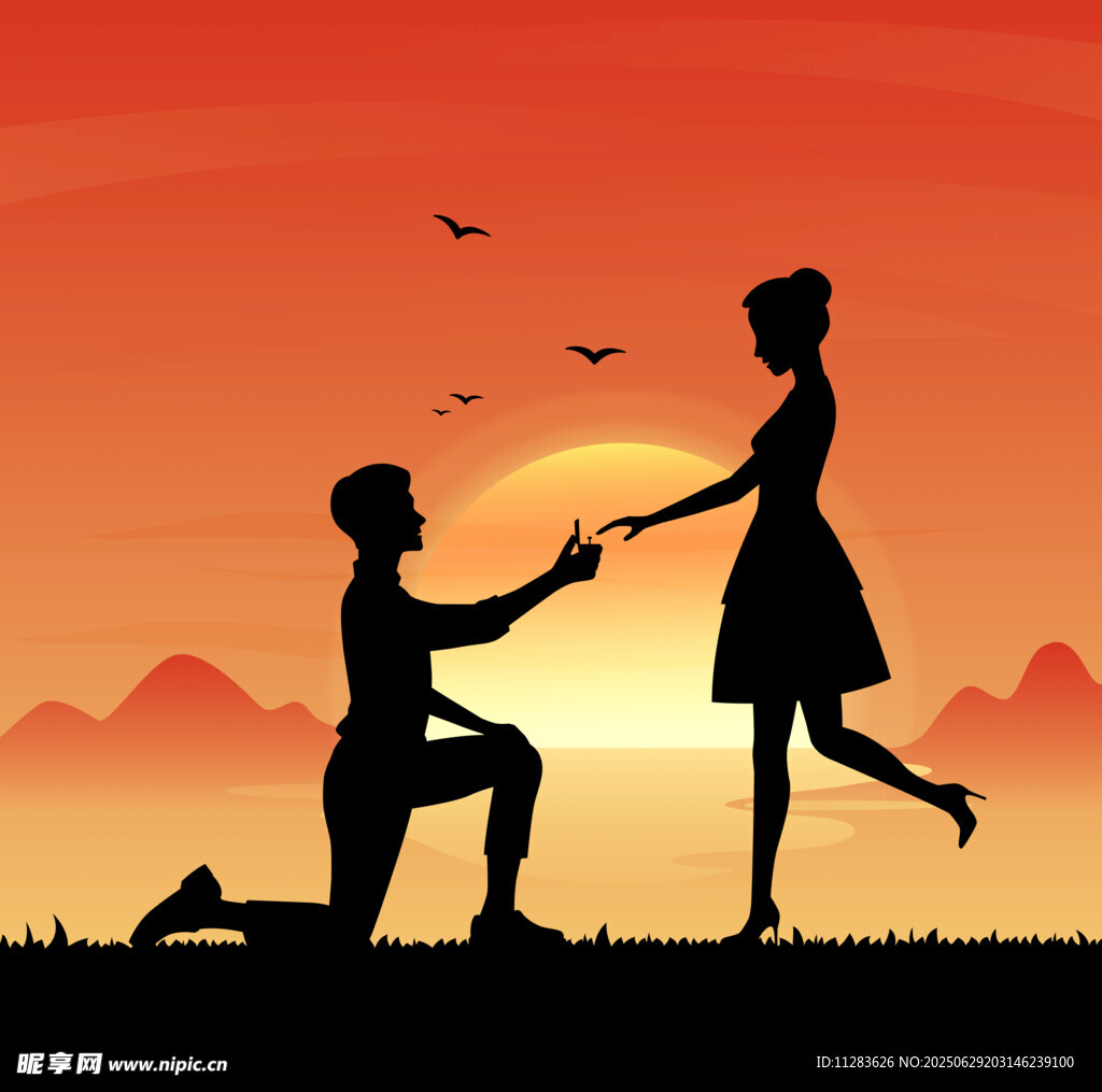 夕阳下的浪漫求婚时刻