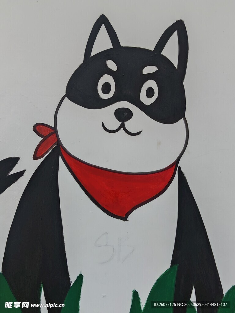 墙绘戴红围巾的可爱卡通小狗