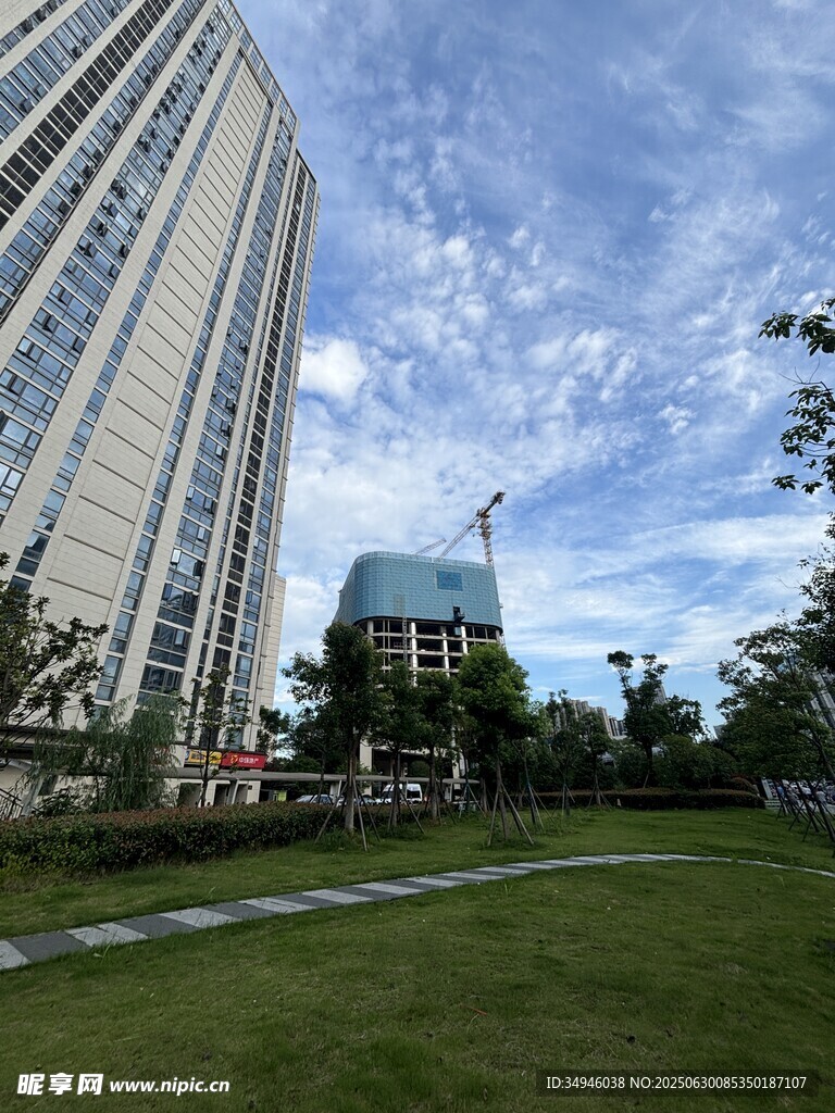 城市高楼旁的绿地景观