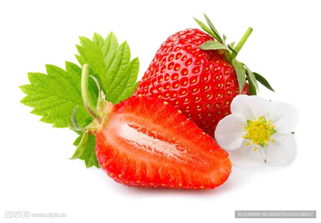 新鲜草莓与白花绿叶