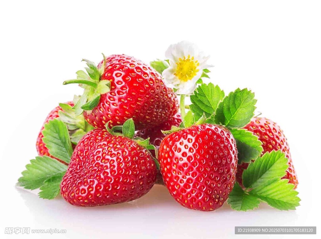 新鲜绿叶草莓与小花的组合