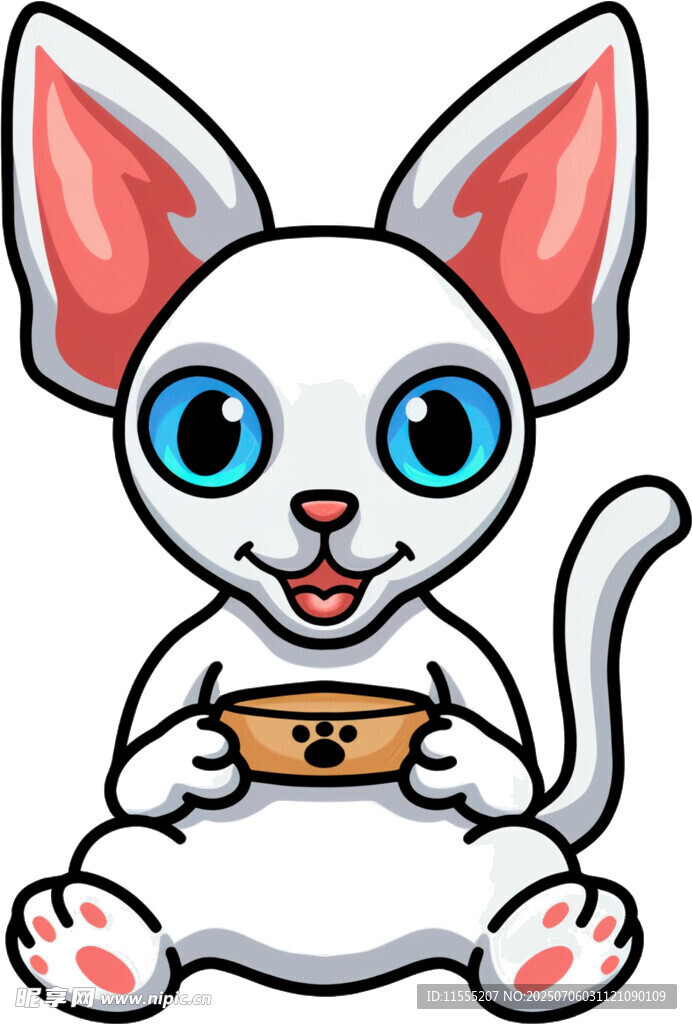 可爱白猫捧碗开心模样