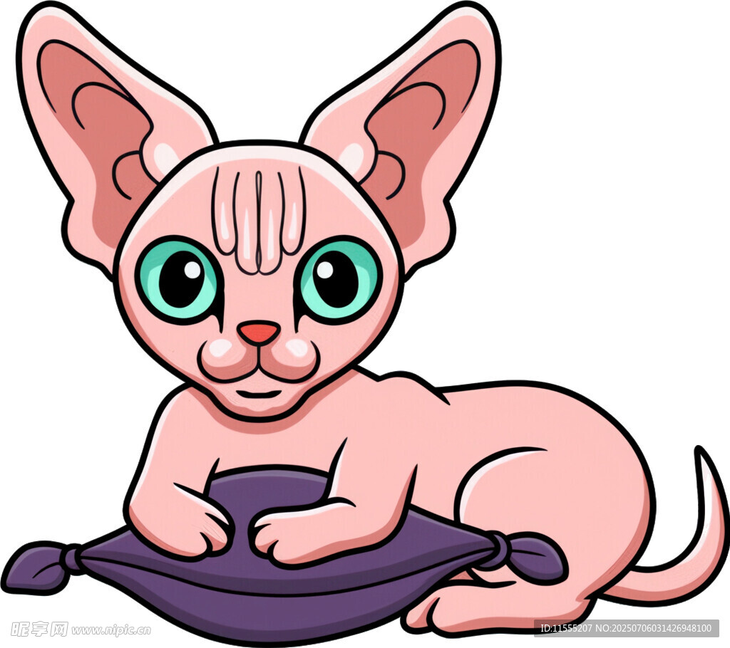 可爱无毛猫趴在紫色垫子上