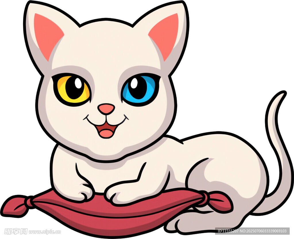 可爱双色眼小猫趴红垫上