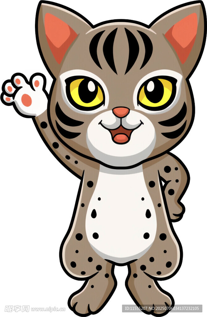 挥手的卡通小猫