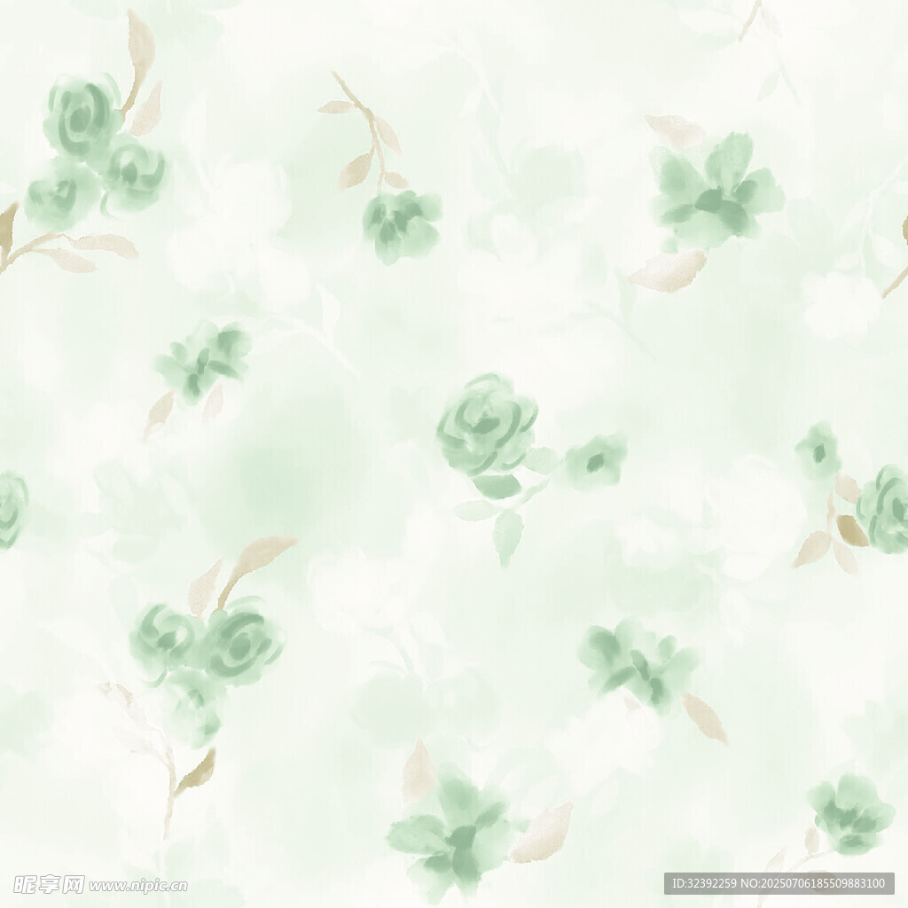 清新绿玫瑰水彩花卉图案