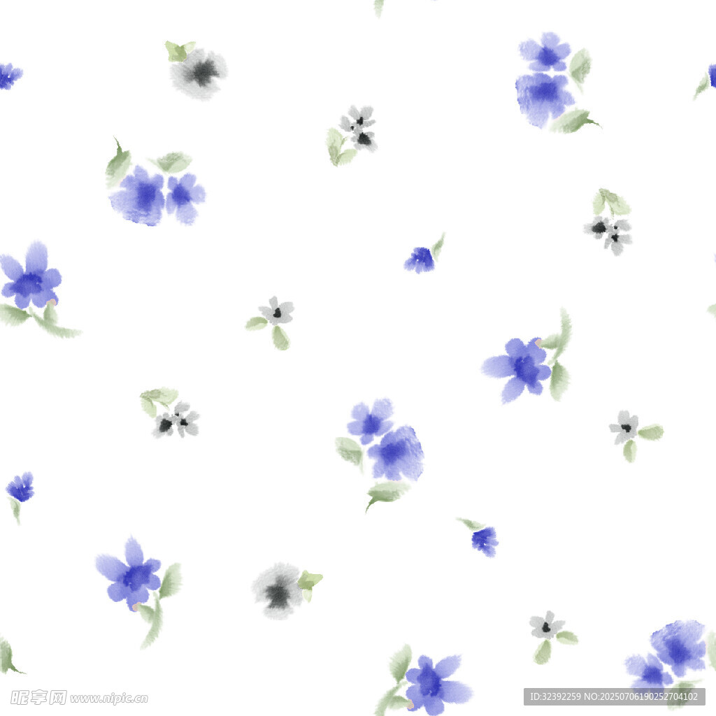 蓝花白色背景水彩图案