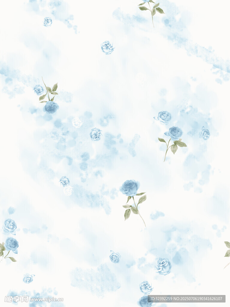 蓝白花卉清新水彩图案