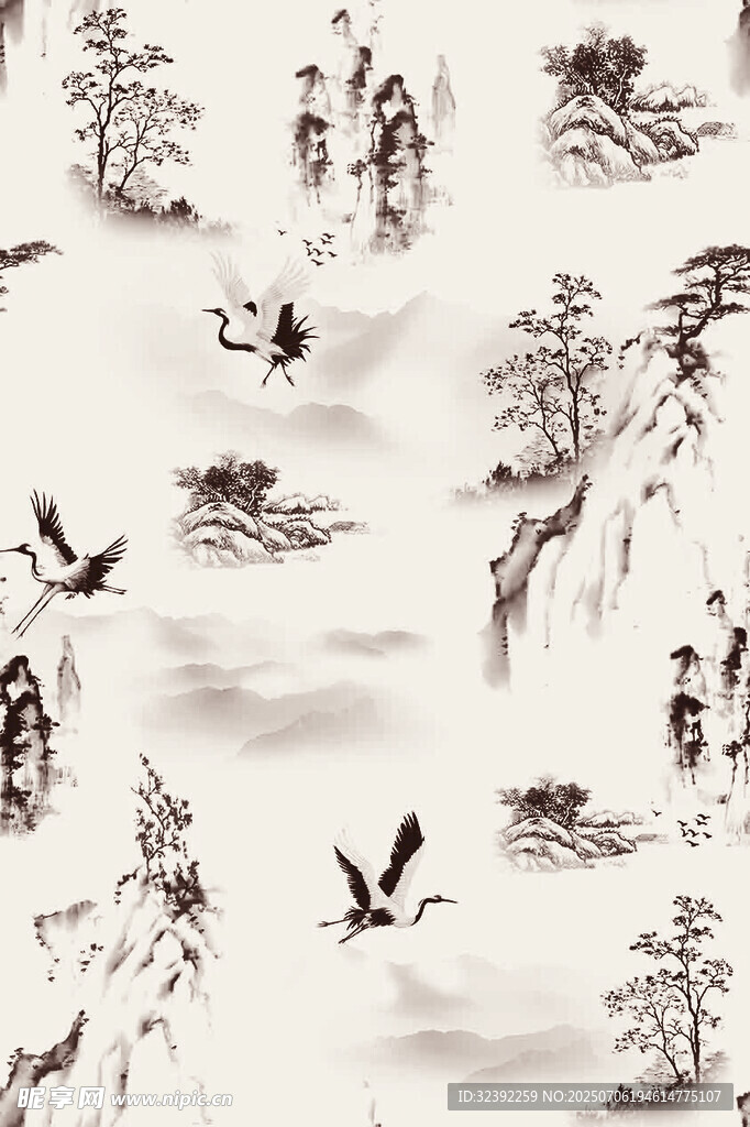 水墨山水间飞鸟人物景致