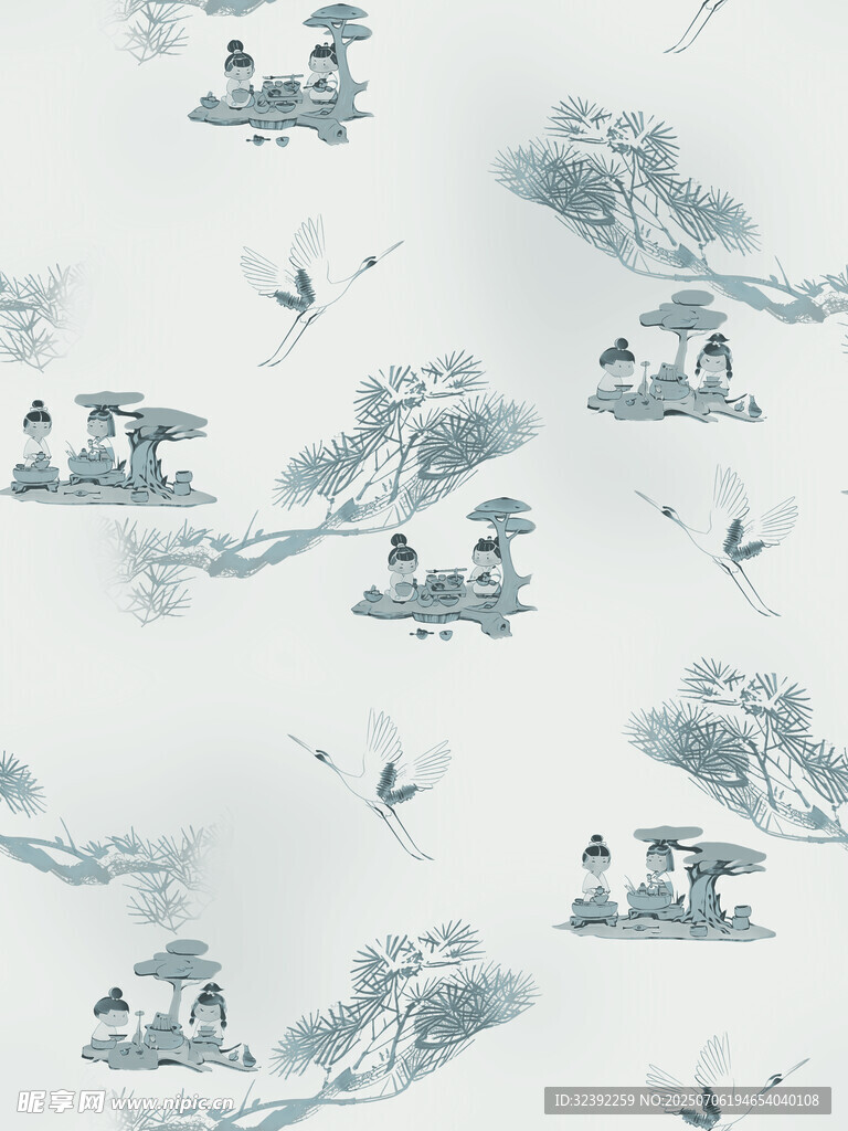 中式水墨风山水飞鸟图案