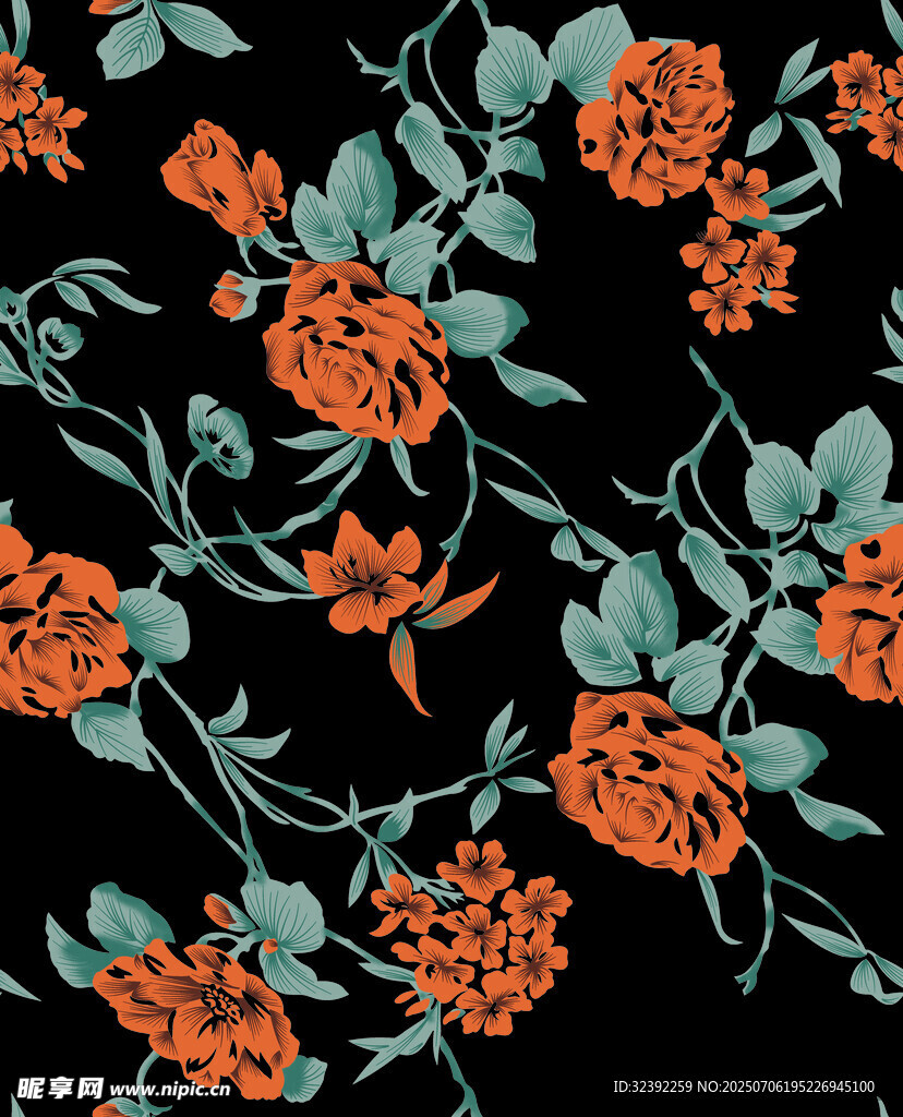 花卉图案 黑底橙花绿叶