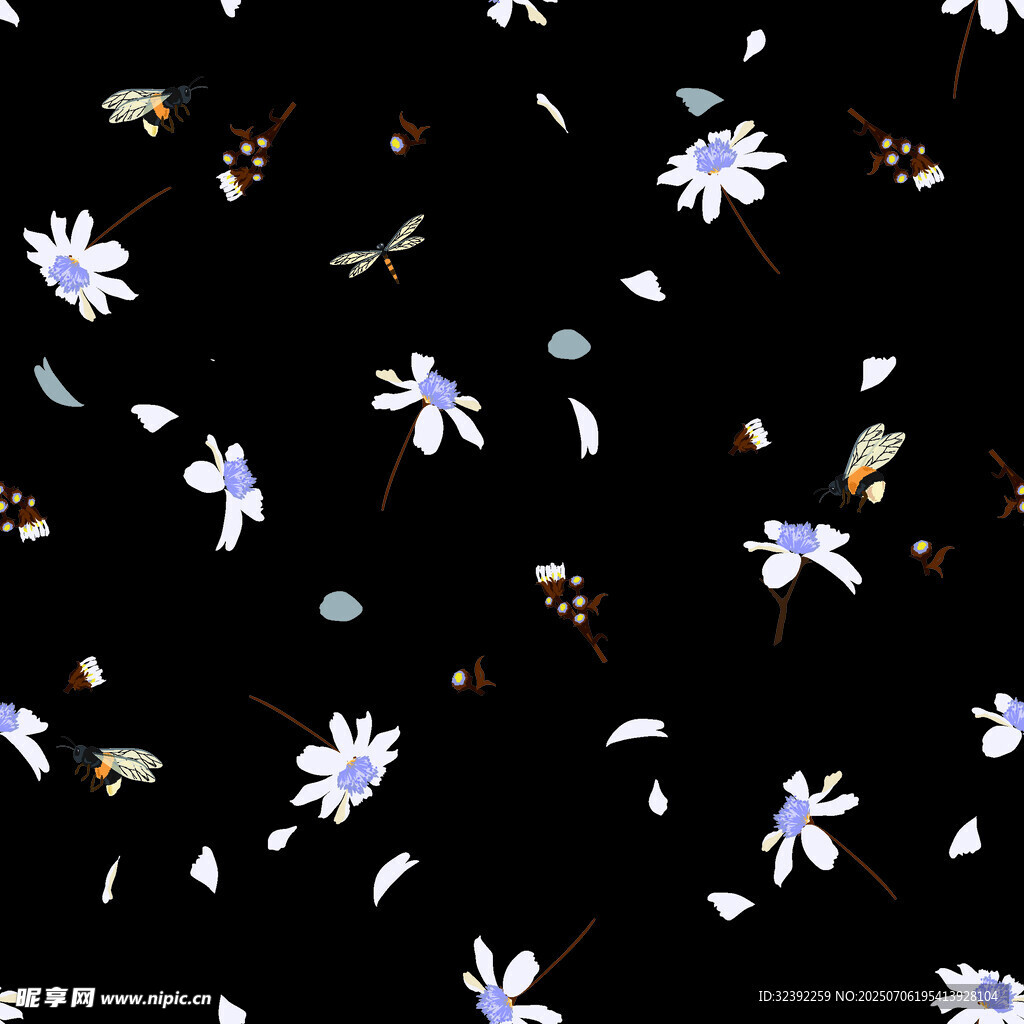 黑色背景上的清新花朵图案