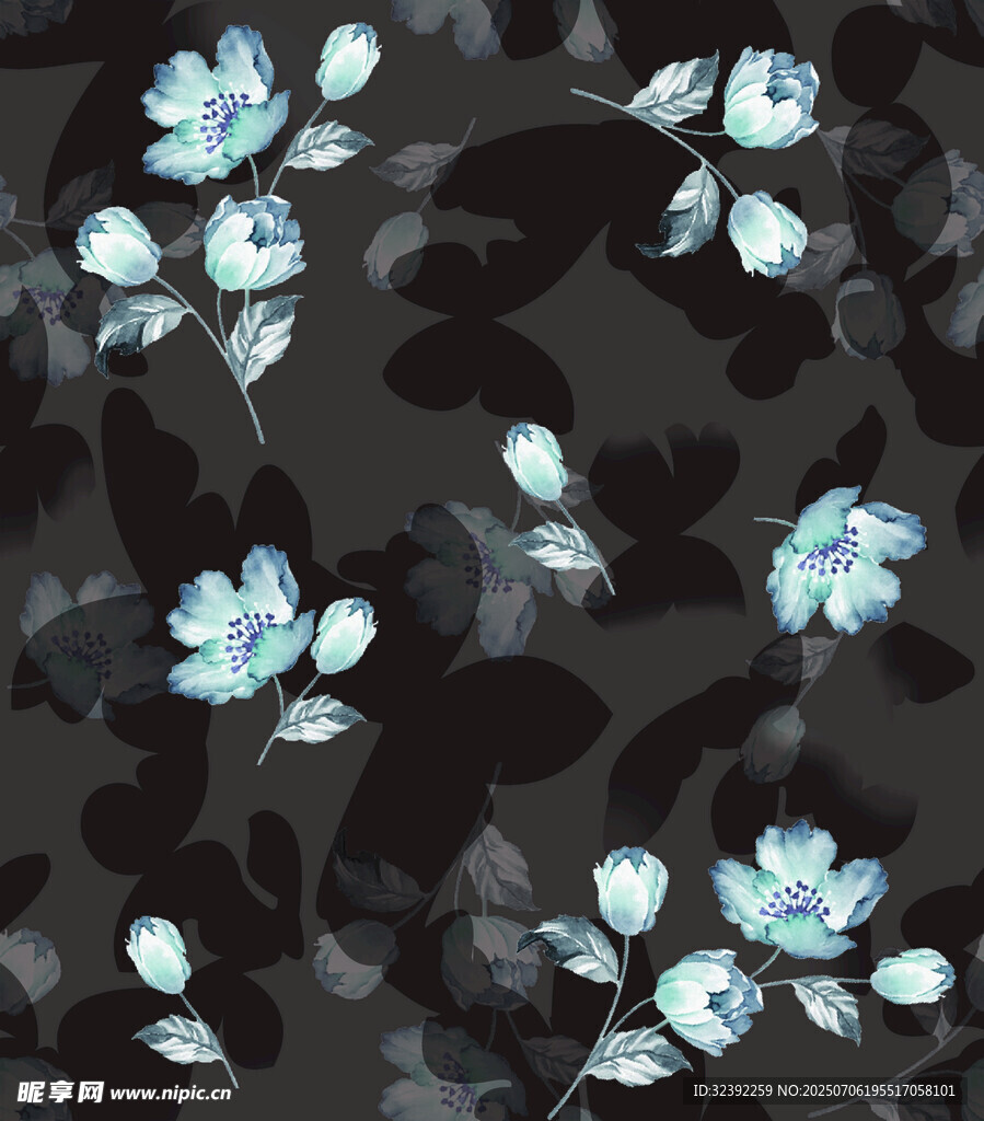 蓝花黑底花卉图案背景