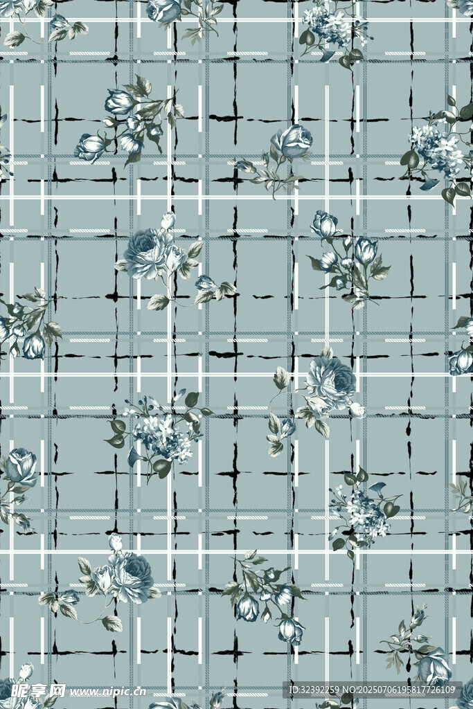 浅蓝色花卉格子图案布料