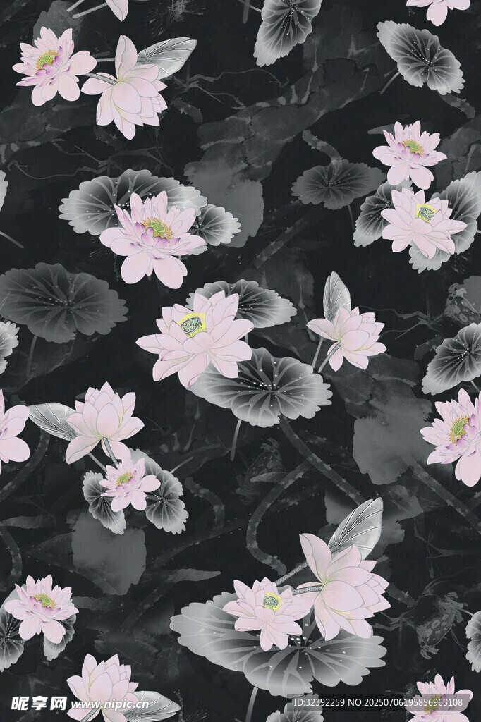 水墨风荷花花卉图案