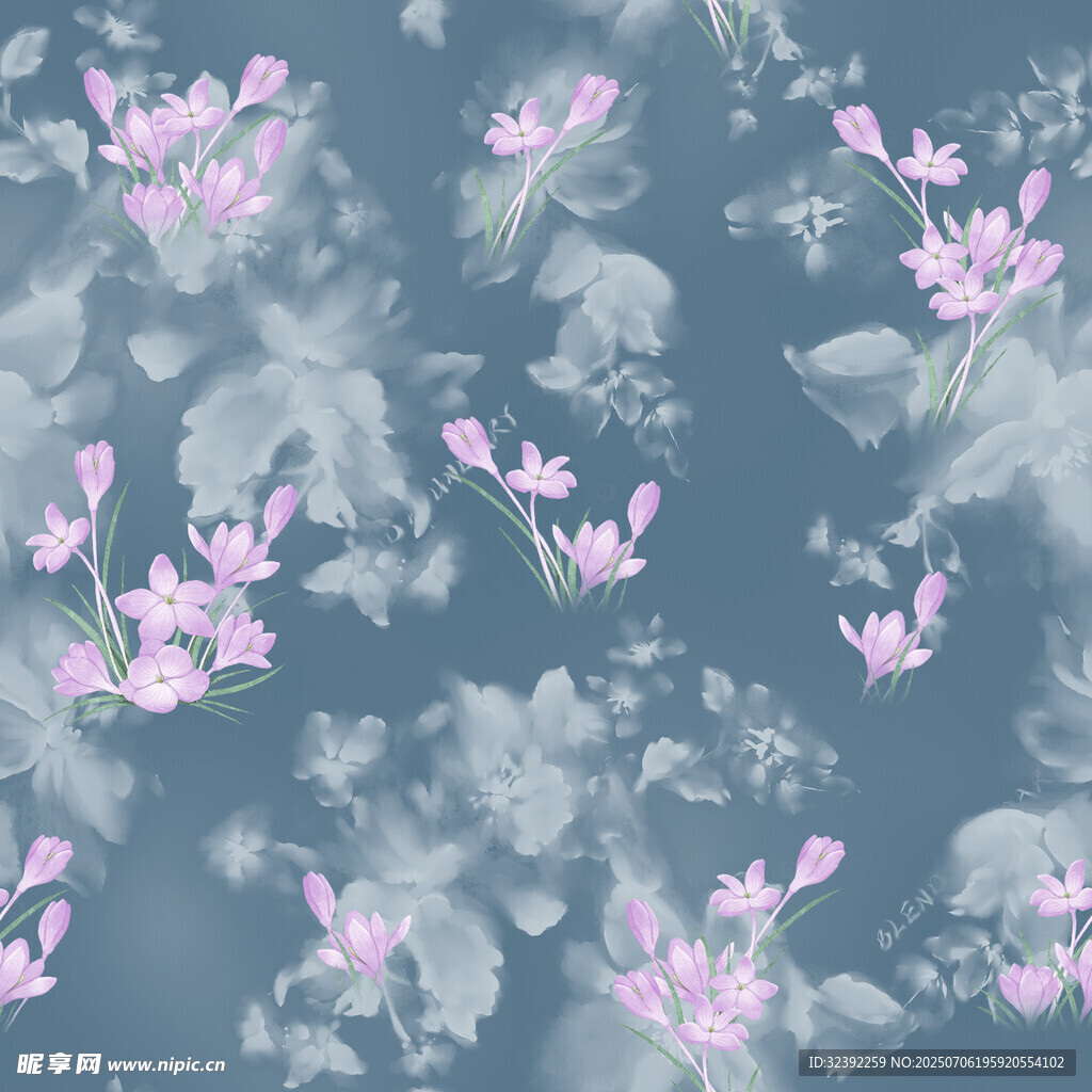 淡粉花朵蓝色背景图案
