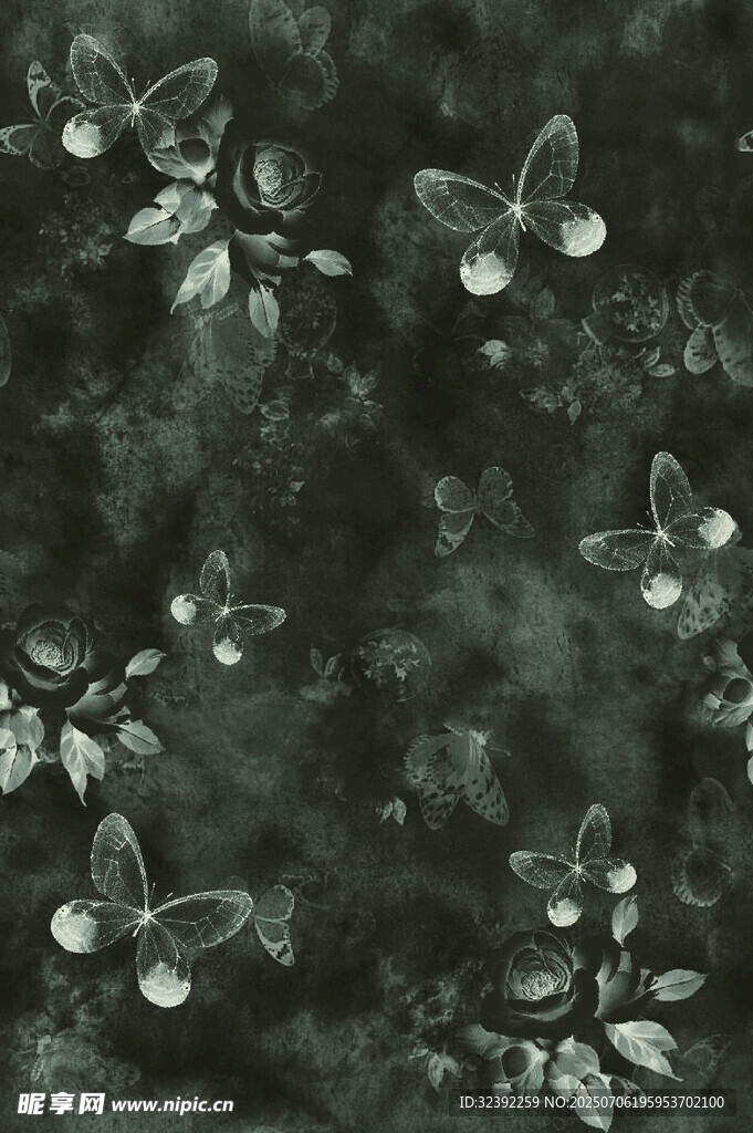 黑色背景上的蝴蝶花卉图案