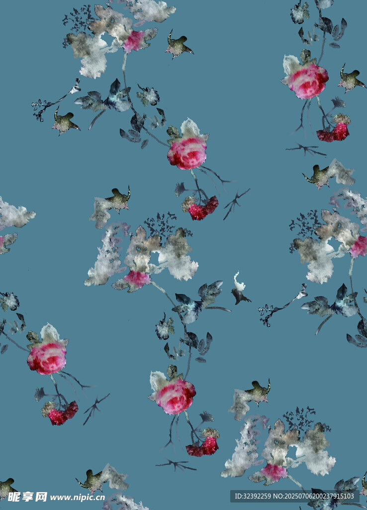 蓝色底花卉飞鸟图案纹理