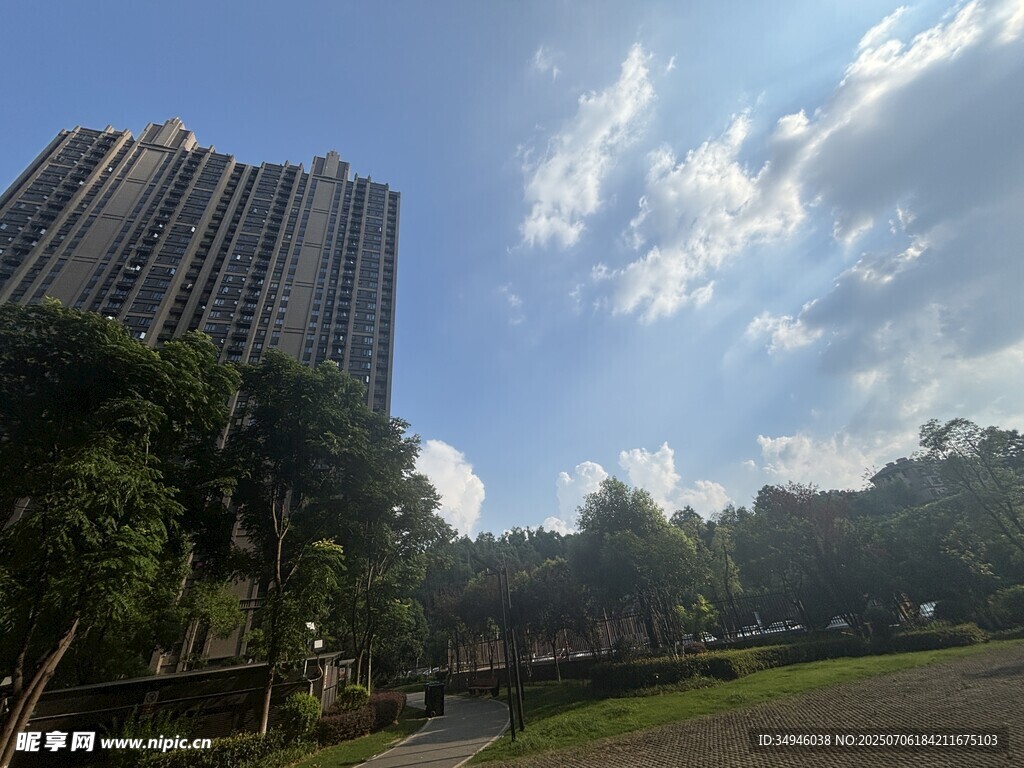 城市高楼与蓝天绿树景观