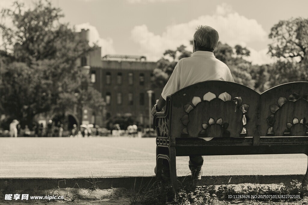 老人独坐长椅赏景