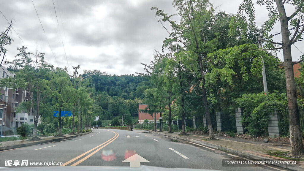 阴雨天行车途中宁静街道